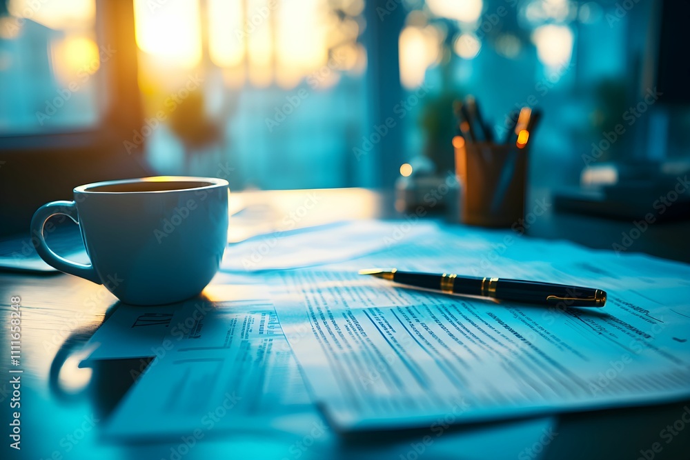 A cozy workspace with a cup of coffee, scattered papers, and a pen, illuminated by soft sunlight filtering through a window. A cozy workspace with a cup of coffee, scattered papers, and a pen, illuminated by soft sunlight filtering through a window.
