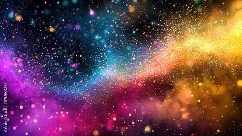 Colorful glitter particles swirling on a black background.