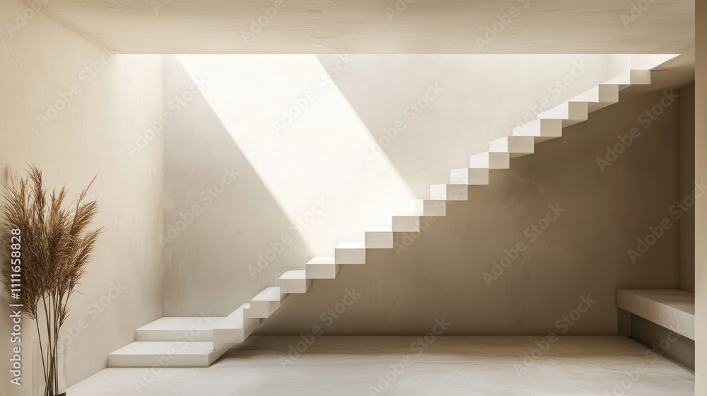 Minimalist beige interior with white staircase and sunlight. Minimalist beige interior with white staircase and sunlight.