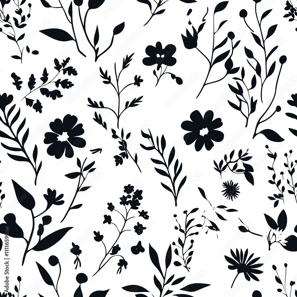 Elegant black and white floral pattern featuring various botanical designs and shapes on a plain background Elegant black and white floral pattern featuring various botanical designs and shapes on a plain background