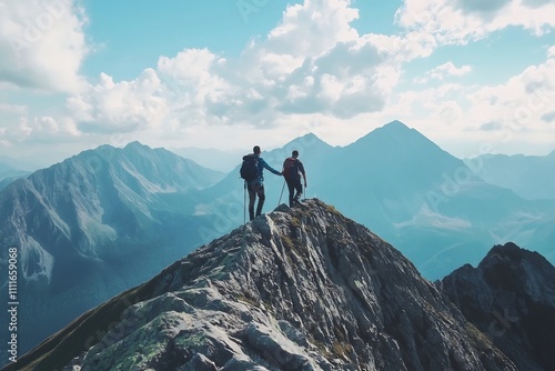 Mountain Climbers Reaching the Summit Together on a Scenic Peak Landscape