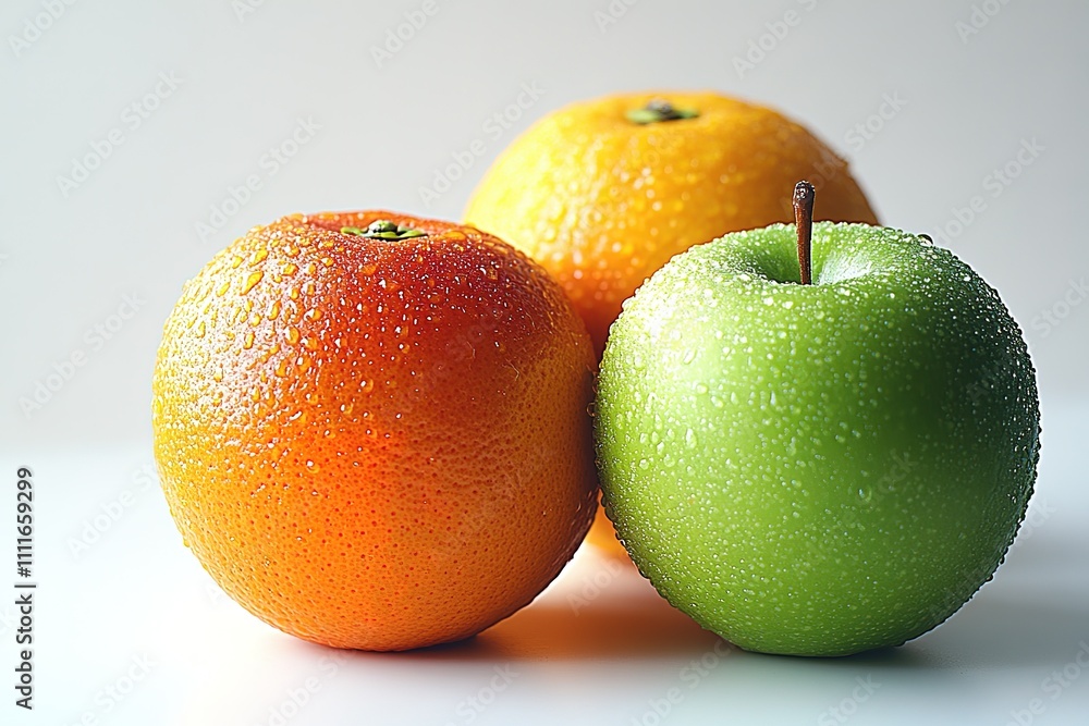 Three apples and oranges are sitting on a white background Three apples and oranges are sitting on a white background