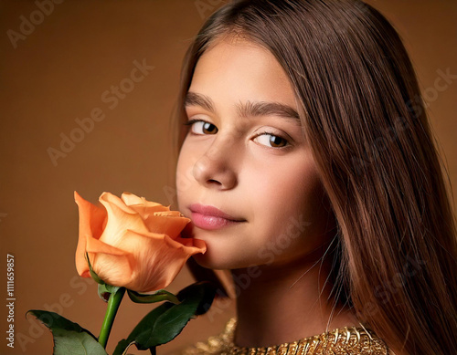 Close-Up Portrait of a Beautiful Teen Girl in Light Brown Outfit - Studio Fashion Shoot