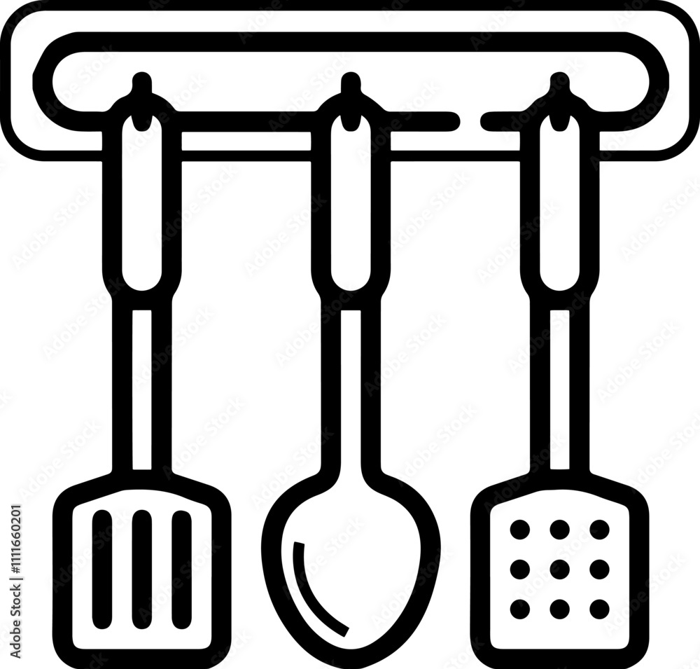 Icons of ladle, ladle, cooking are hanging on the wall hanging. Icons of ladle, ladle, cooking are hanging on the wall hanging.