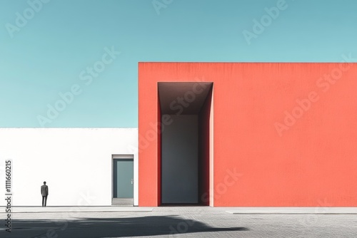 A red and white building with a door and a window