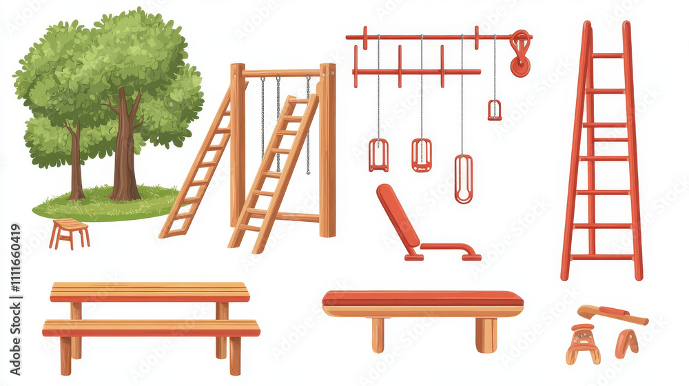 Outdoor street gym in park with fitness equipment for workout and training cartoon vector training isolated set. Adult sports icon with wooden bench, ladder and red metal illustration collection Outdoor street gym in park with fitness equipment for workout and training cartoon vector training isolated set. Adult sports icon with wooden bench, ladder and red metal illustration collection