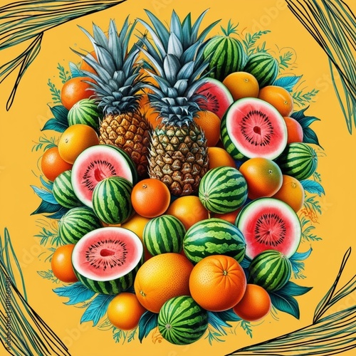 Colorful tropical fruits arrangement on vibrant background.  photo