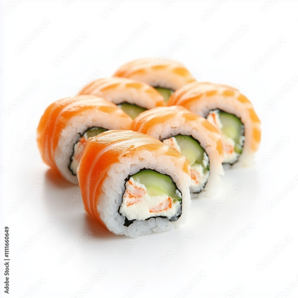 Delicious sushi rolls with fresh salmon and cucumber on a white background Delicious sushi rolls with fresh salmon and cucumber on a white background