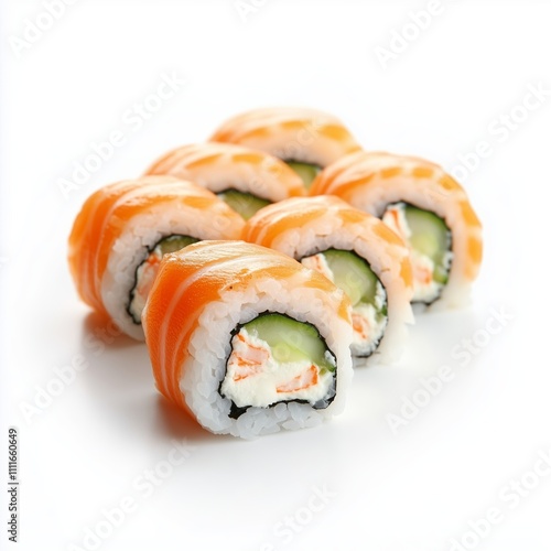 Delicious sushi rolls with fresh salmon and cucumber on a white background