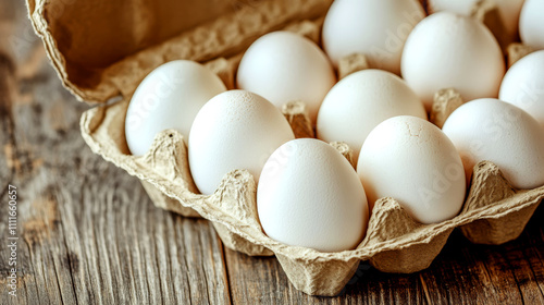 Eggs are neatly arranged in an open carton on a wooden table. Concept is fresh produce and simplicity in food presentation. photo