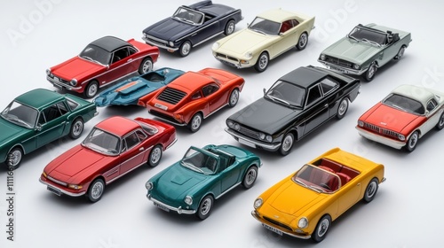 Various colorful miniature car models display an artistic arrangement on a bright white background, providing space for creative text additions. Generative AI photo