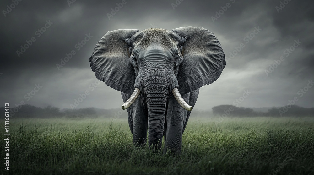Fototapeta premium Majestic elephant standing in a misty grassland under a cloudy sky at dawn