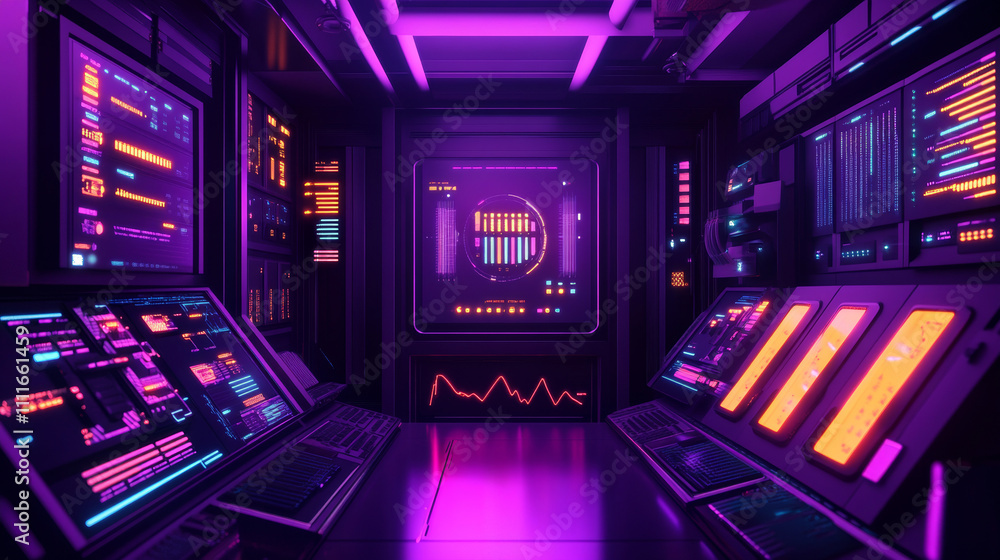 Purple server room equipment illustrations with abstract geometric shapes, technologically advanced data center cabinet with multicolored LED indicators and monitoring screen displaying statistics. Purple server room equipment illustrations with abstract geometric shapes, technologically advanced data center cabinet with multicolored LED indicators and monitoring screen displaying statistics.