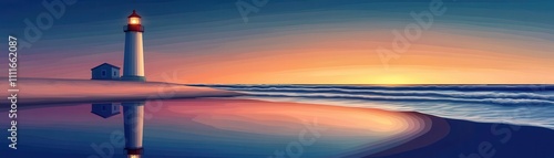 Animated lighthouse reflecting the sunset on the beach, triadic color harmony, flat design with gentle waves