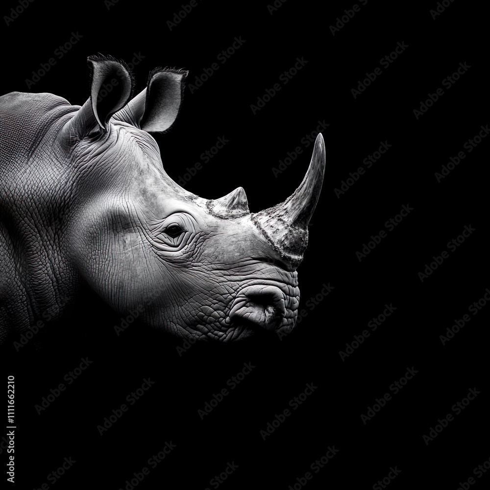 Fototapeta premium A grayscale of a Rhinoceros with a black background