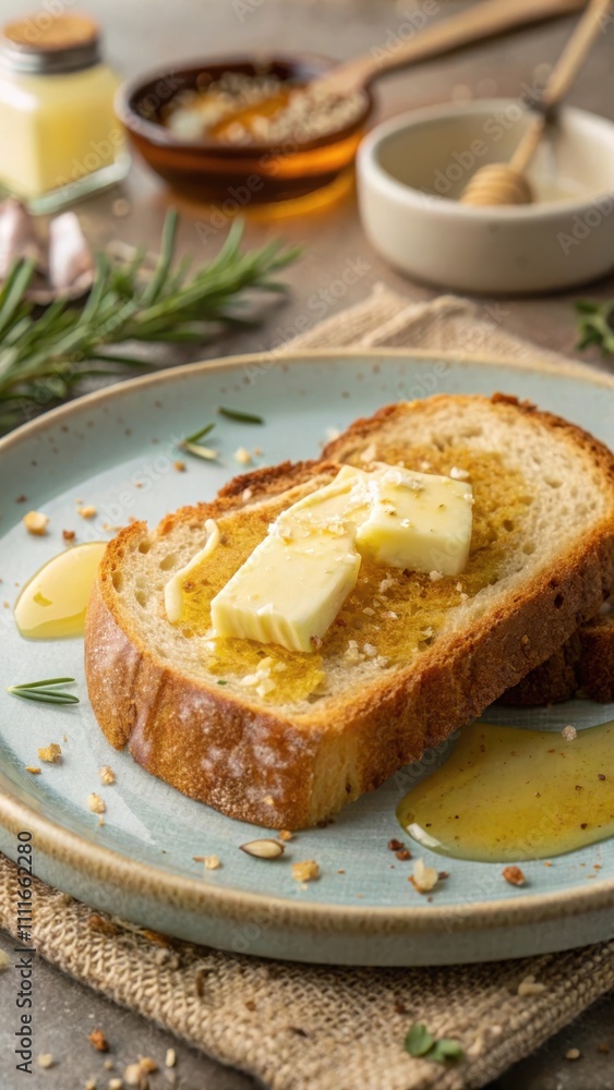 Slice of buttered bread on a rustic plate with herbs and condiments Slice of buttered bread on a rustic plate with herbs and condiments