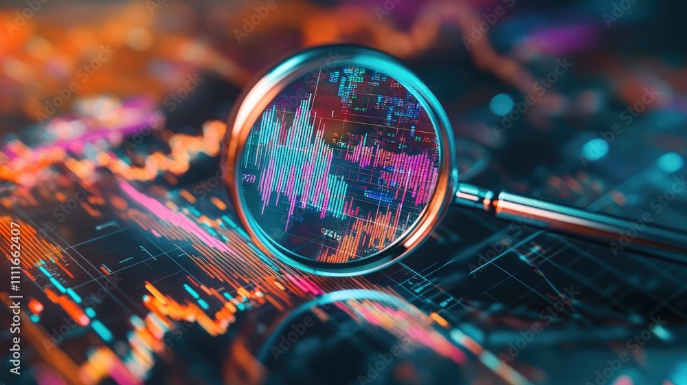 A close-up of a magnifying glass over colorful stock charts, highlighting the intricacies of market analysis and financial trends A close-up of a magnifying glass over colorful stock charts, highlighting the intricacies of market analysis and financial trends