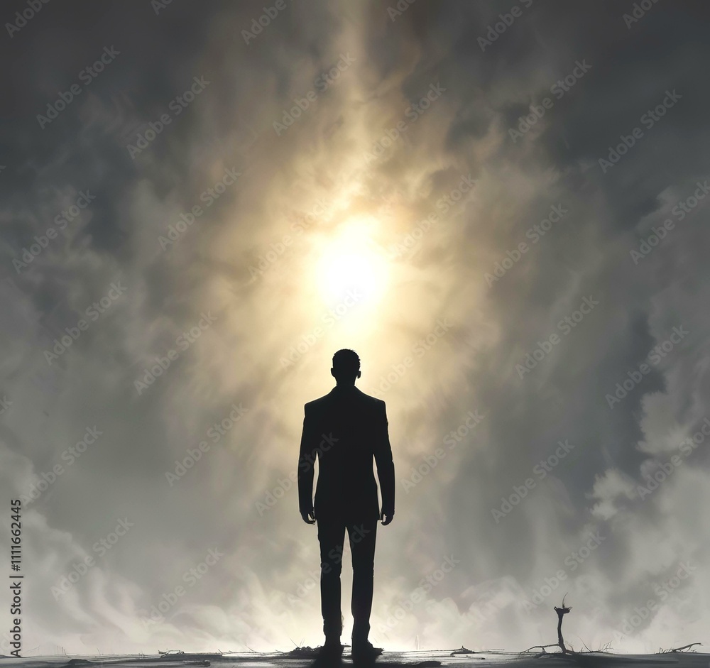 Illustration of man in suit silhouette with dramtaic background. Illustration of man in suit silhouette with dramtaic background.