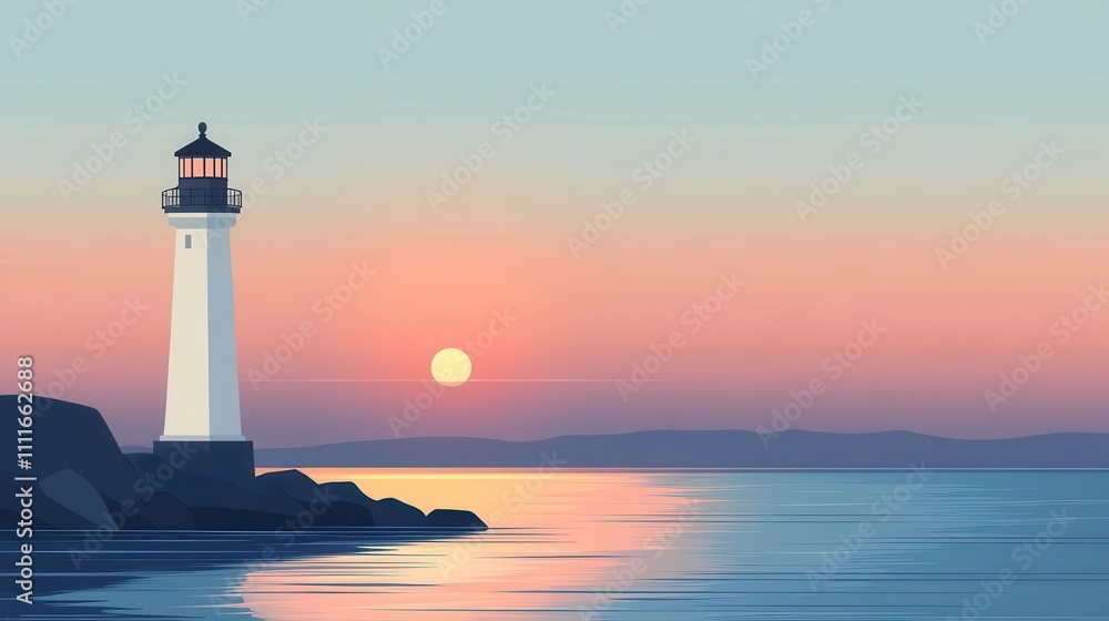Lighthouse glowing at a peaceful sunset, serene sea, flat minimalist design with soft, calming tones Lighthouse glowing at a peaceful sunset, serene sea, flat minimalist design with soft, calming tones