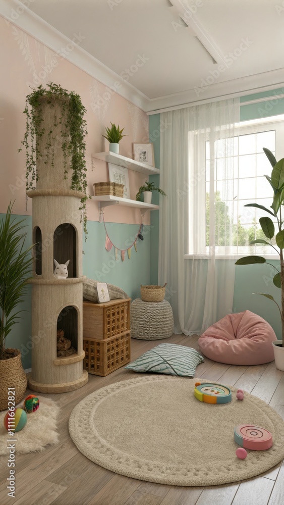 custom made wallpaper toronto digitalCozy Indoor Cat Room with Plants, Cat Tree, and Soft Furnishings