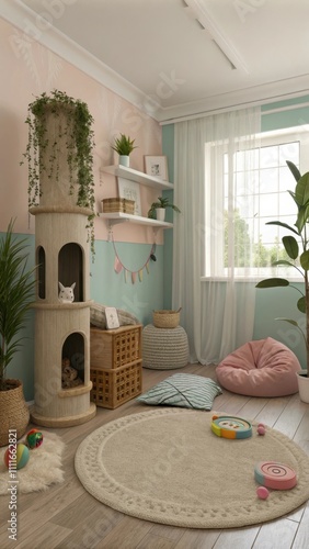 Cozy Indoor Cat Room with Plants, Cat Tree, and Soft Furnishings