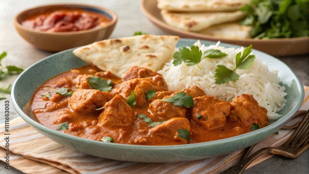 Delicious Chicken Tikka Masala with Rice and Naan Bread Delicious Chicken Tikka Masala with Rice and Naan Bread