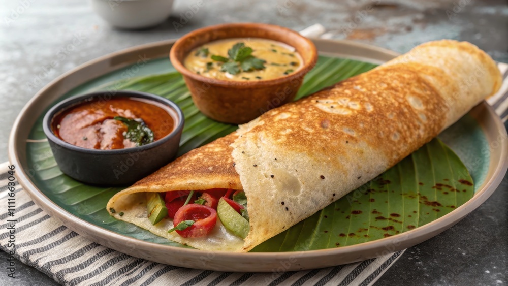 Delicious dosa served with chutney and sambar on a plate Delicious dosa served with chutney and sambar on a plate