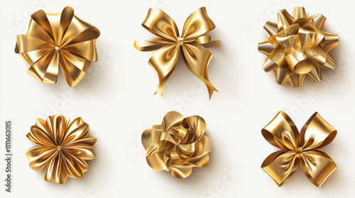 Gold bows with curly ribbons set. Collection shiny golden festive elements for wrapping gift box, present design or invitation card isolated on transparent background. Realistic 3d vector illustration