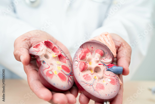 Chronic kidney disease, doctor with model for treatment urinary system, urology, Estimated glomerular filtration rate eGFR. photo