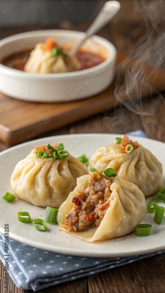 Delicious momo dumplings served with dipping sauce and green onions Delicious momo dumplings served with dipping sauce and green onions