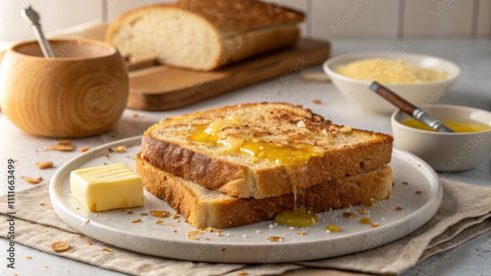 Delicious Toast with Butter and Honey on a Rustic Table