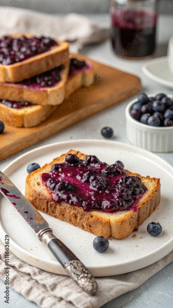 Fresh Blueberry Jam Spread on Toast with Berries and Jar Fresh Blueberry Jam Spread on Toast with Berries and Jar