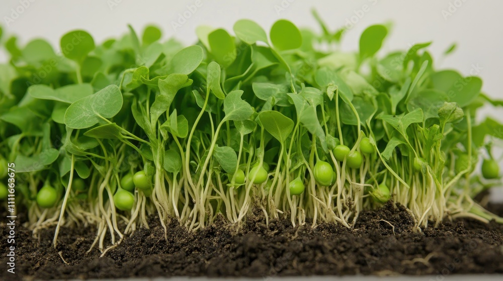 A close-up of fresh green pea shoots, their roots embedded in rich soil, showcasing healthy plant growth and natural beauty A close-up of fresh green pea shoots, their roots embedded in rich soil, showcasing healthy plant growth and natural beauty