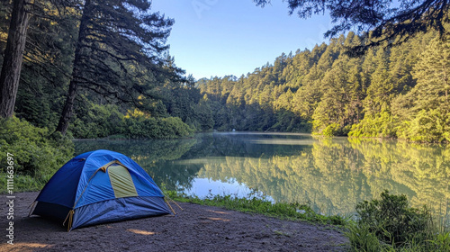 Tent lakeside forest camping morning.