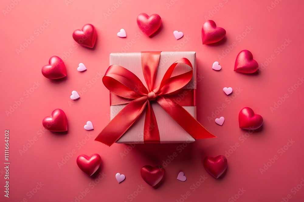 A beautifully wrapped Valentine's gift with a red ribbon is surrounded by red paper hearts and confetti, all set on a red background. Ideal for romantic celebrations A beautifully wrapped Valentine's gift with a red ribbon is surrounded by red paper hearts and confetti, all set on a red background. Ideal for romantic celebrations