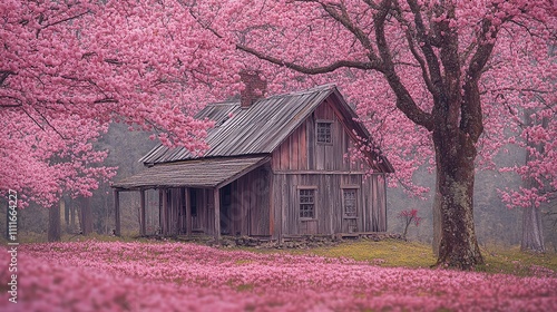 A serene cabin surrounded by blooming cherry blossom trees.