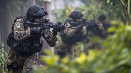 Tangerang, Banten, Indonesia - September 01, 2024: TNI anti-riot forces fend off demonstrators during a training.