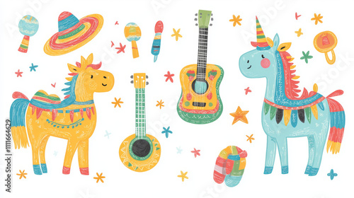 Mexican birthday vector set with pinata and sombrero. Isolated cartoon png collecton wit carnival hat, guitar, maracas and unicorn on white background. Fiesta symbol in Mexico for party decoration. photo