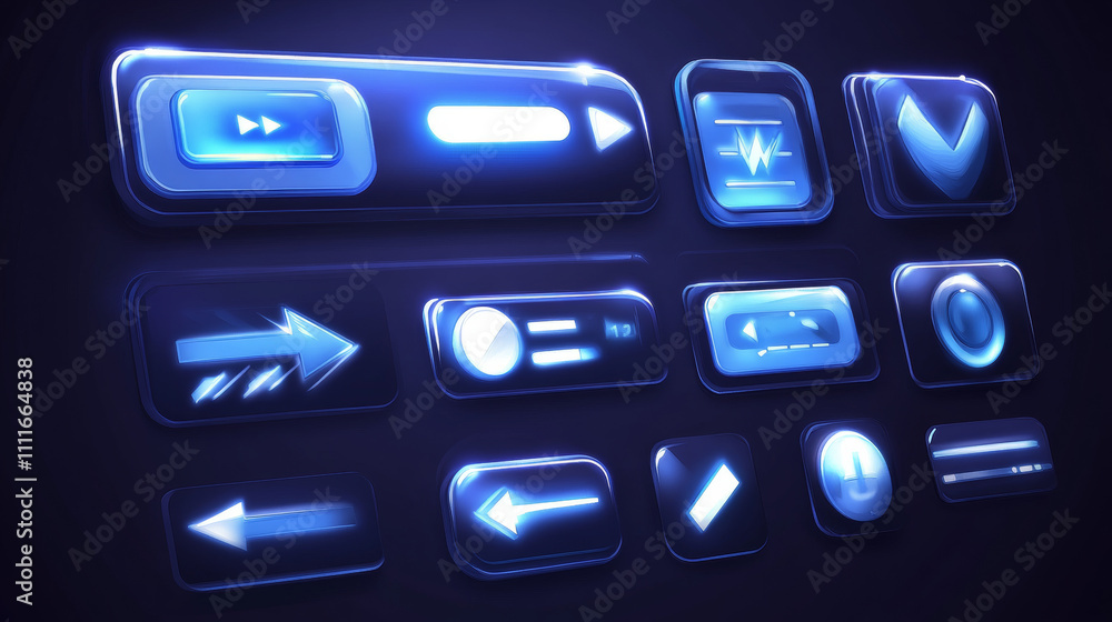 Ice game ui buttons set isolated on background. Vector cartoon illustration of blue frozen frames of square, round, rectangle shape, equalizer and progress bars, arrows, info, settings, close icons Ice game ui buttons set isolated on background. Vector cartoon illustration of blue frozen frames of square, round, rectangle shape, equalizer and progress bars, arrows, info, settings, close icons