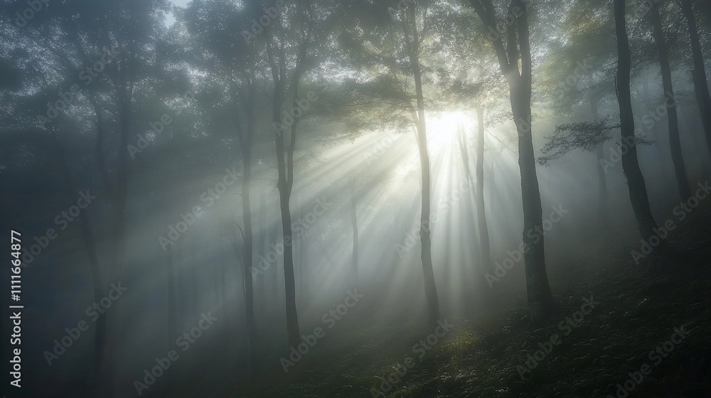 Sunbeams piercing through misty forest. Sunbeams piercing through misty forest.