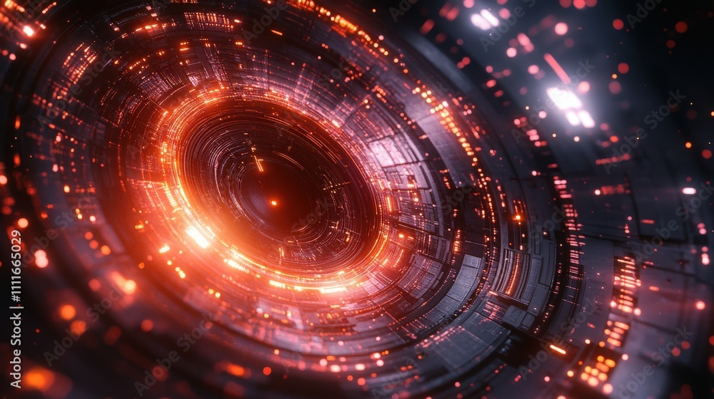 Fototapeta premium Futuristic Abstract Background with Glowing Orange Circles and Sparkling Particles in a High-Tech Environment with Digital Texture for Modern Design Projects