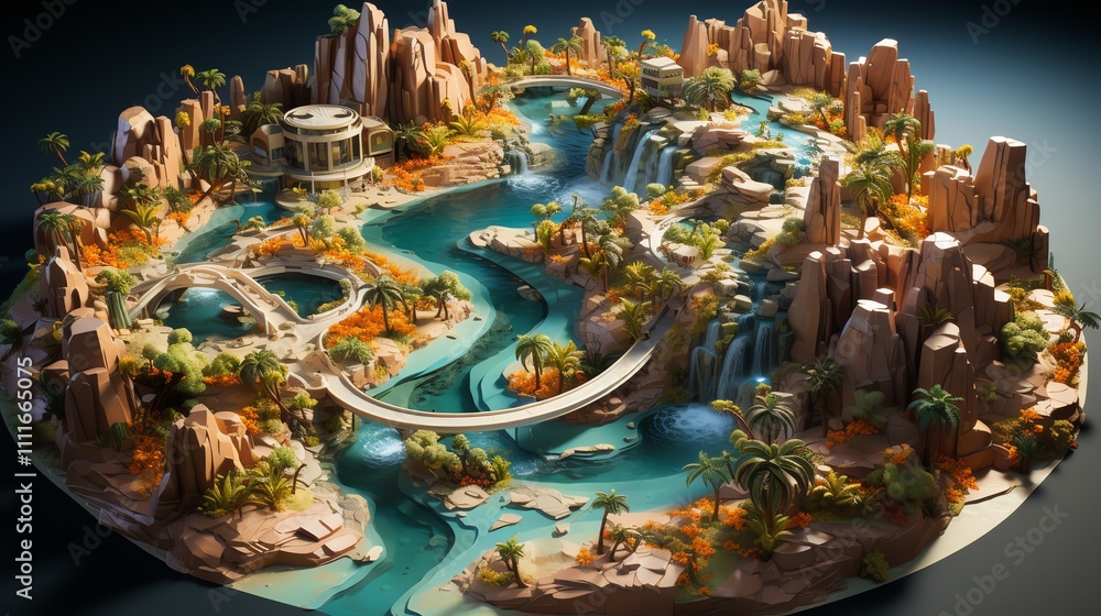 Oasis landscape with waterfalls, bridges, and buildings. Oasis landscape with waterfalls, bridges, and buildings.