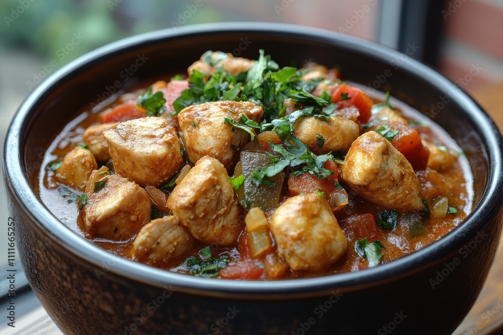 A bowl of chicken curry garnished with fresh herbs, showcasing a hearty meal. A bowl of chicken curry garnished with fresh herbs, showcasing a hearty meal.
