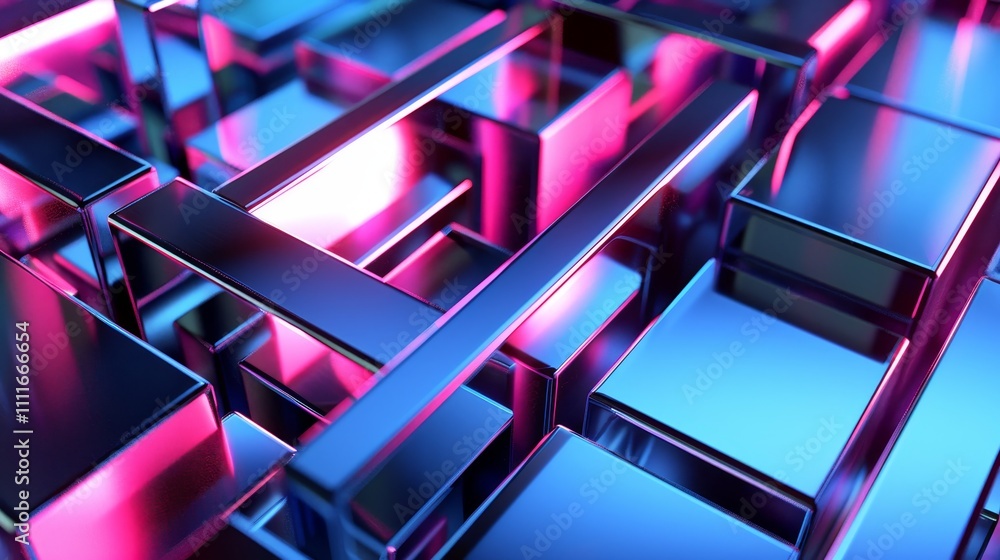 Metallic cubes creating a complex and futuristic structure, illuminated by vibrant neon pink and blue lights Metallic cubes creating a complex and futuristic structure, illuminated by vibrant neon pink and blue lights