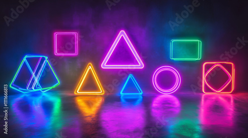 Neon geometric figures png set on transparent background. Vector illustration of colorful square, triangle, circle, hexagon elements glowing in darkness with realistic LED backlight. Empty frames