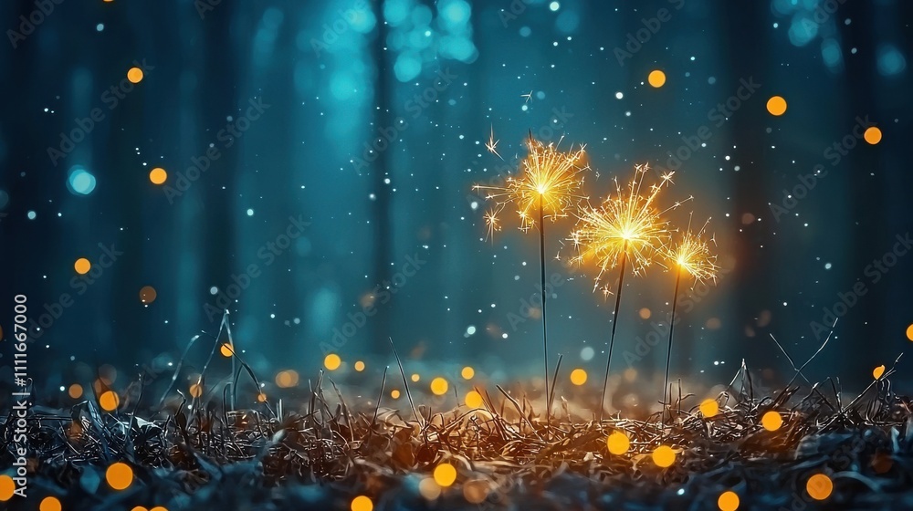 Fototapeta premium Golden sparklers brightly burning in the dark woods during standard celebrations sparkling nighttime visuals natural forest setting for festive atmosphere
