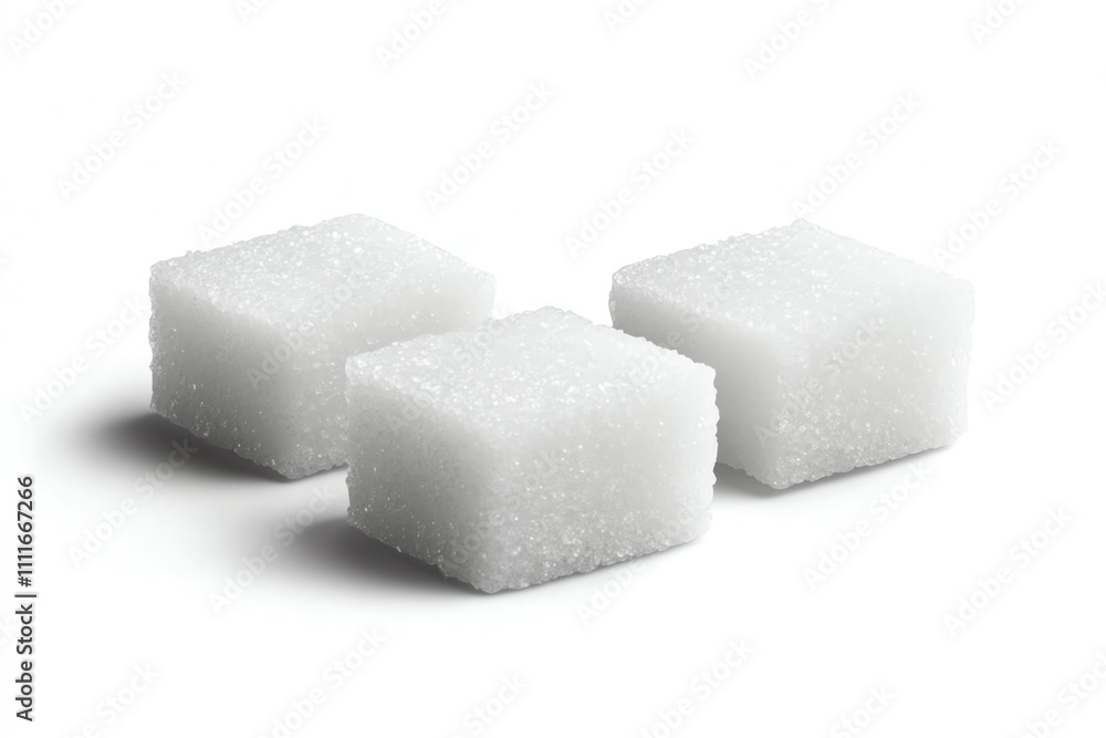 Three white sugar cubes with shadows on a white background. Three white sugar cubes with shadows on a white background.