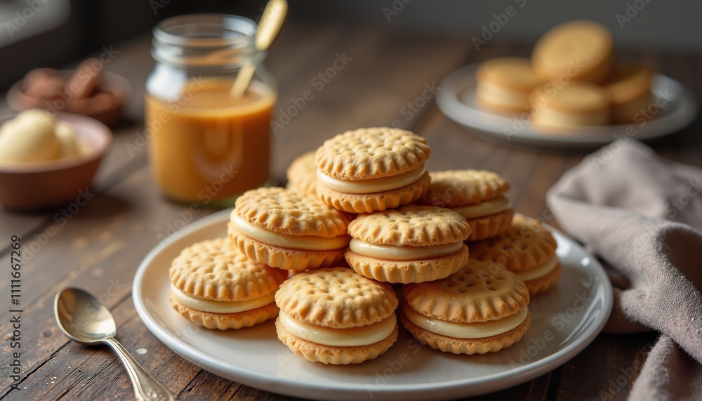 Delicious stack of cream-filled cookies served with caramel sauce on a wooden table during afternoon snack time Delicious stack of cream-filled cookies served with caramel sauce on a wooden table during afternoon snack time