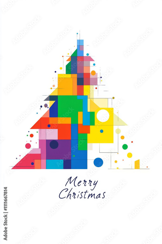 Obraz premium Abstract Geometric Christmas Greeting Card: A modern design with colorful geometric shapes forming a Christmas tree, and 