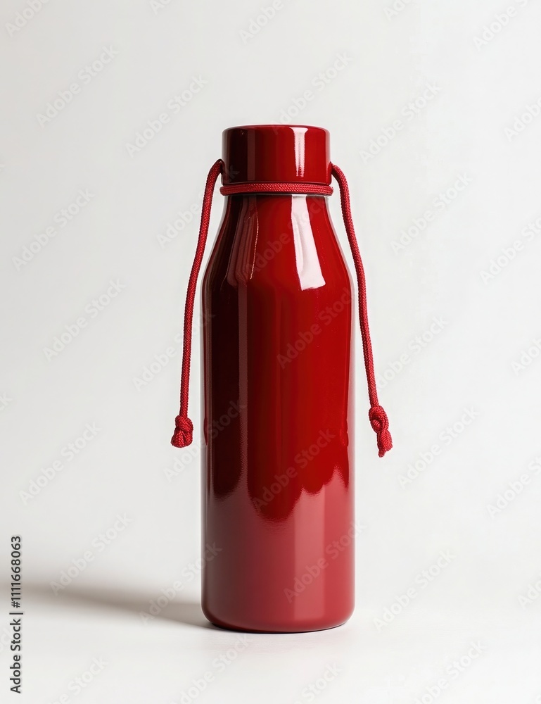 water bottle, red color with white background, hanging string handle, minimalist design, no logo or text on the body of the bottle water bottle, red color with white background, hanging string handle, minimalist design, no logo or text on the body of the bottle